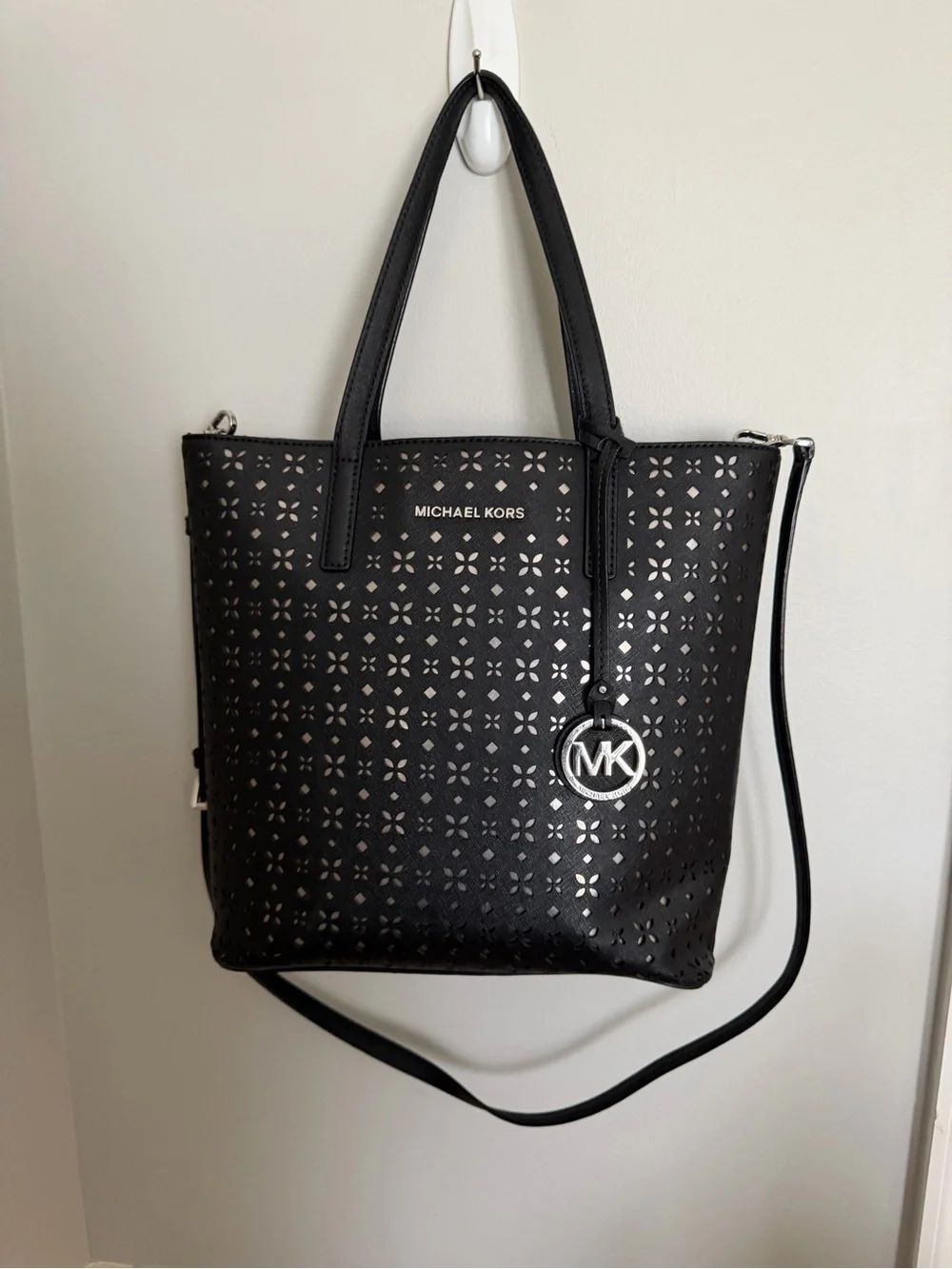 Michael Kors Black Perforated Tote with Logo Charm